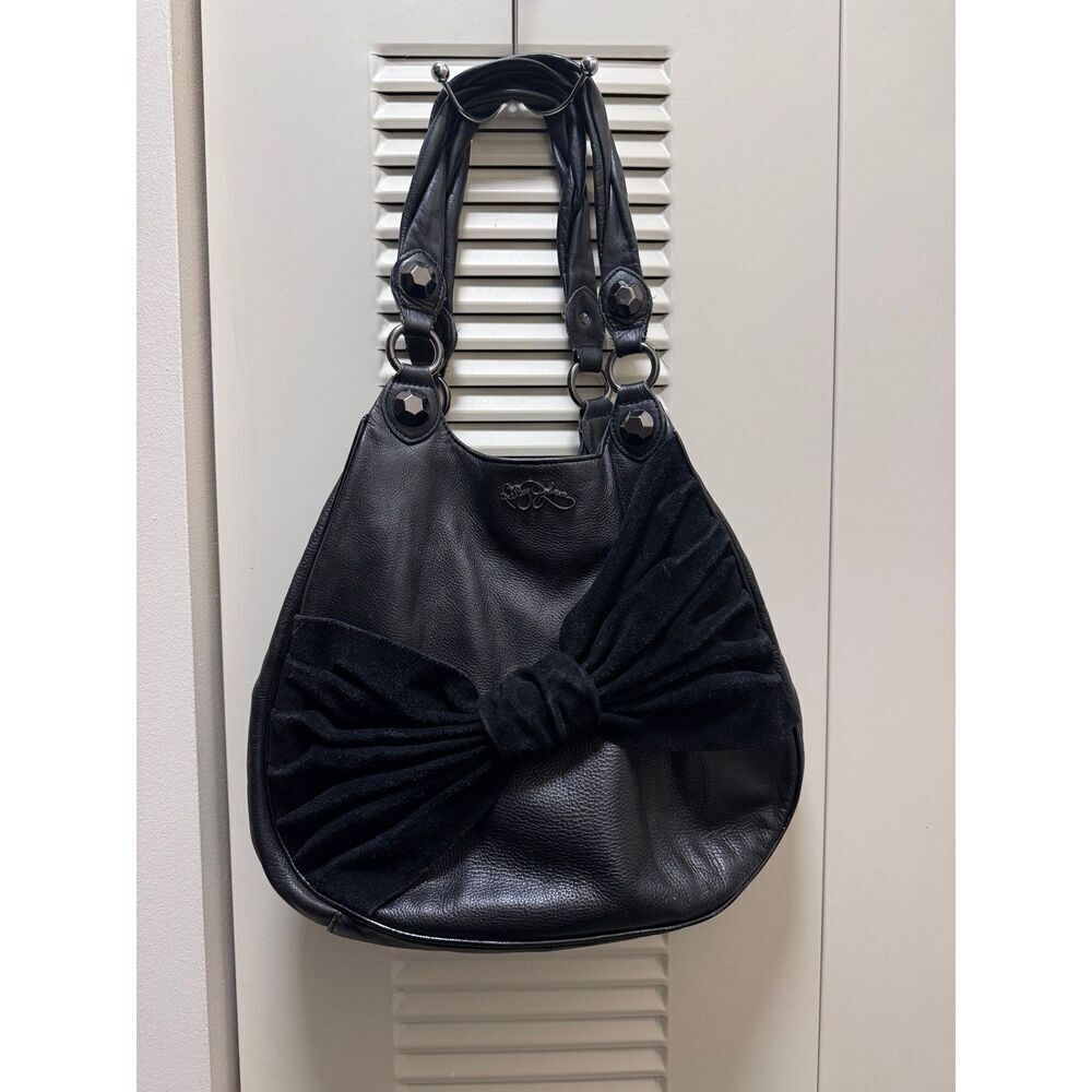 Vintage Betsey Johnson Black Leather Suede Bow Shoulder Bag Braided Straps